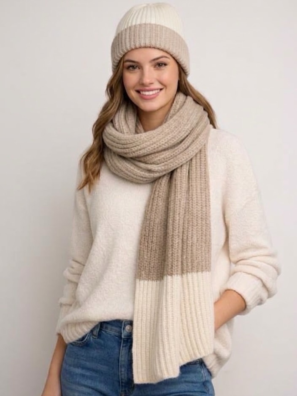 GAP Wool Chunky Winter Scarf and Beanie Set, Color Block Tan Cream